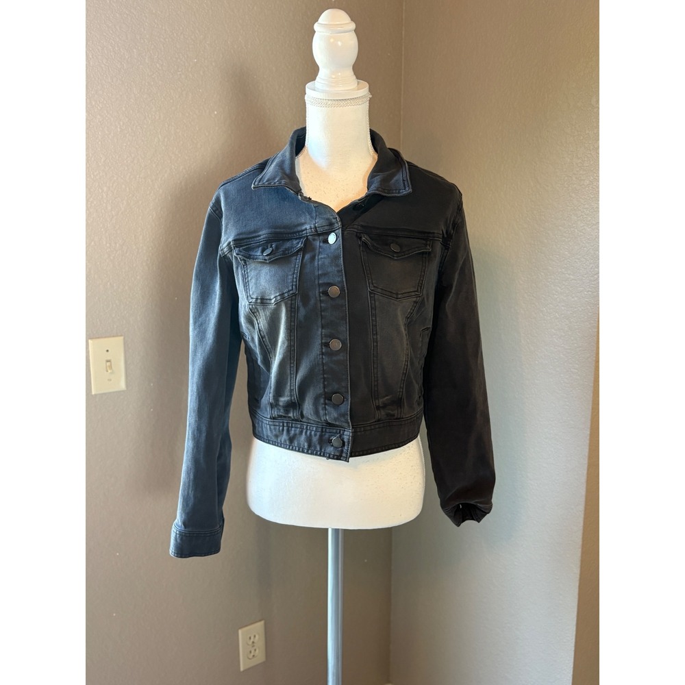 Ivy + Main Womens Faded Black Denim Trucker Jacket‎ Stretch Cropped Small